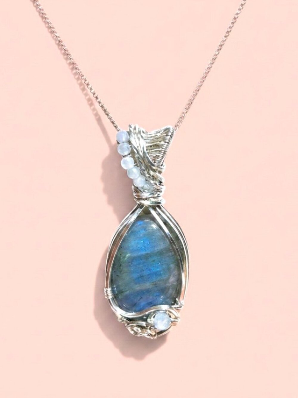 One of a Kind Blue Labradorite Pendant Wire Wrapped in Solid Sterling Silver